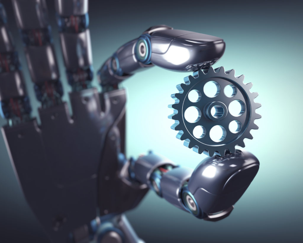 3D illustration. Robotic hand holding a gear. Concept of mechanical engineering and automation.